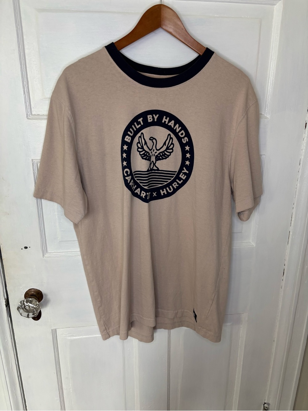 Carhartt-Hurley Built By Hands Tan Short-Sleeve Tee with Navy Graphic Ringer